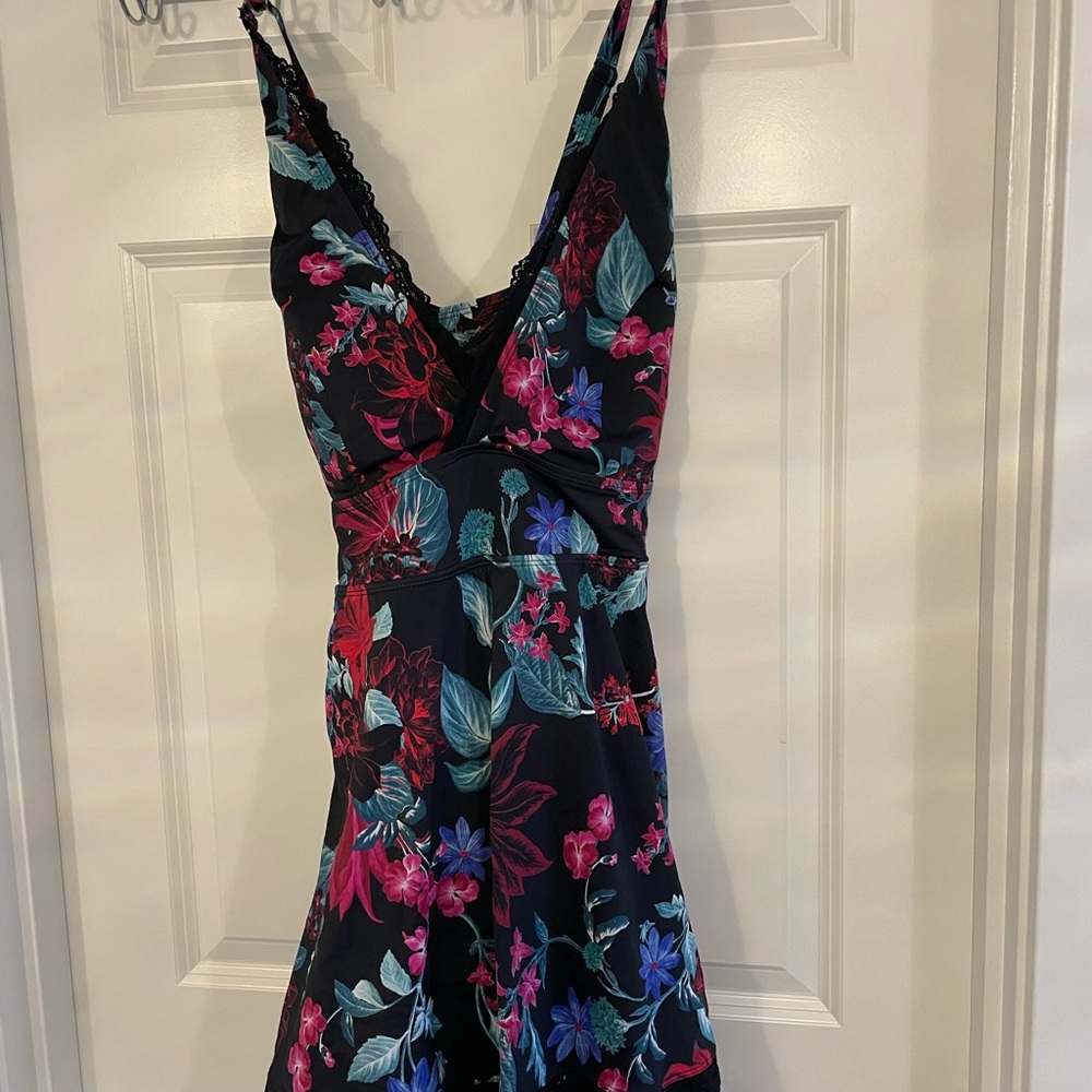 torrid Black Floral One-Piece Swimdress with Pink, Blue & Teal Floral Print